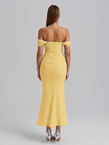 KUTUMAI Off The Shoulder Maxi Long Dress Corset Ruched Bodycon Cocktail Formal Wedding Guest Dresses for Women