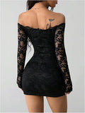 GORGLITTER Women's Lace Long Sleeves Mini Dress Y2K Fall Sexy Off The Shoulder Bodycon Night Out Birthday Party Dresses