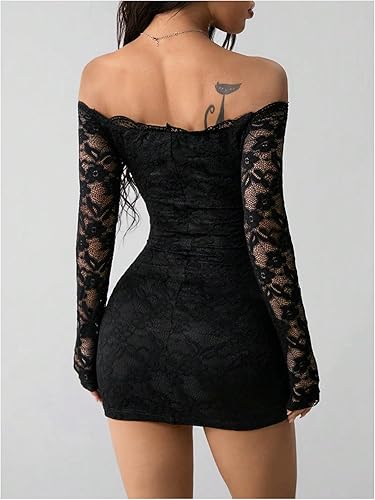 GORGLITTER Women's Lace Long Sleeves Mini Dress Y2K Fall Sexy Off The Shoulder Bodycon Night Out Birthday Party Dresses